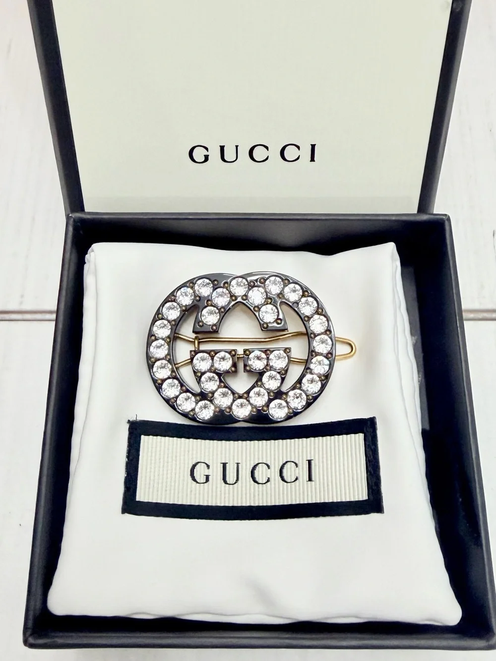 Gucci GG Logo Crystal Barrette Hair Clip